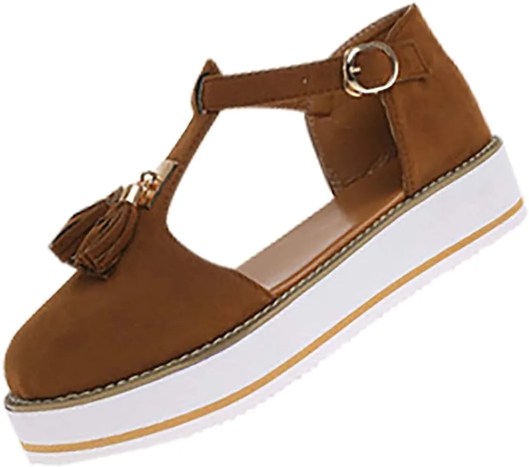 Trendy Platform Sandals with Tassels Casual Closed-Toes Ankle Strap Sandal Walking Shoes Comfortable Summer Look