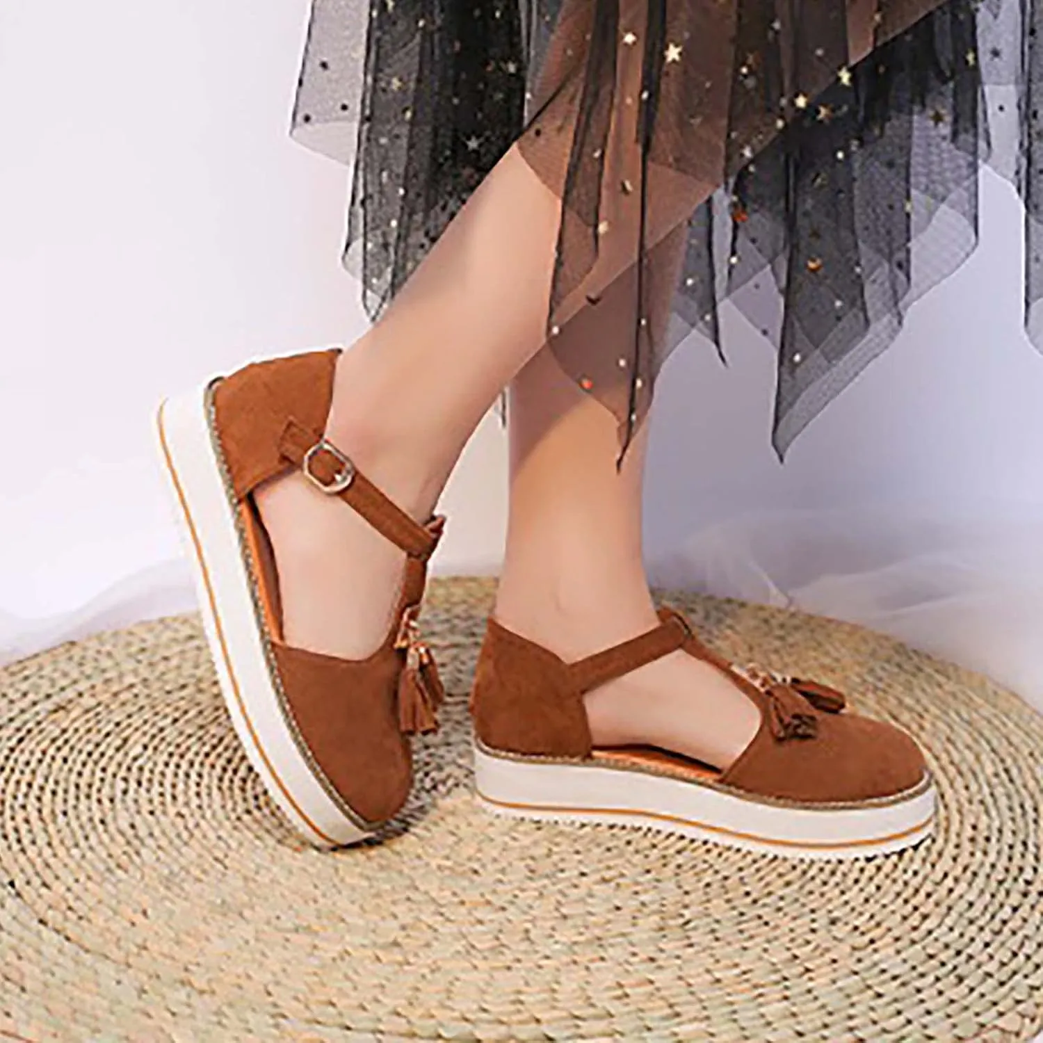 Trendy Platform Sandals with Tassels Casual Closed-Toes Ankle Strap Sandal Walking Shoes Comfortable Summer Look