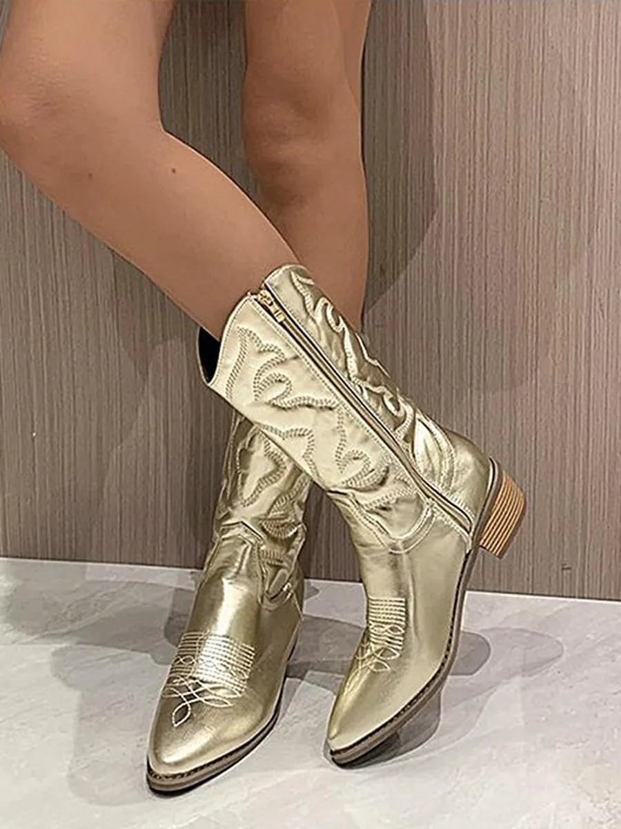 Ulalaza Women's Boots Western Cowboy Boots Mid Calf Cowgirl Boots Block Chunky Heel Embroidered Floral Mid Heel Casual Boots High Pointed Toe Boot Dress Boots Knee High Square Toe Short Booties