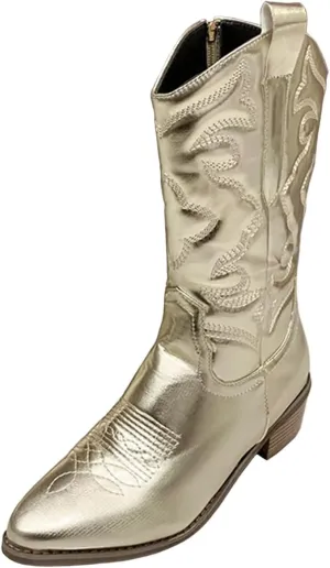 Ulalaza Women's Boots Western Cowboy Boots Mid Calf Cowgirl Boots Block Chunky Heel Embroidered Floral Mid Heel Casual Boots High Pointed Toe Boot Dress Boots Knee High Square Toe Short Booties