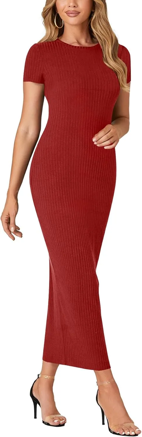 Umenlele Women’s Casual Short Sleeve Ribbed Knit Bodycon Fitted Pencil Long Maxi Dress