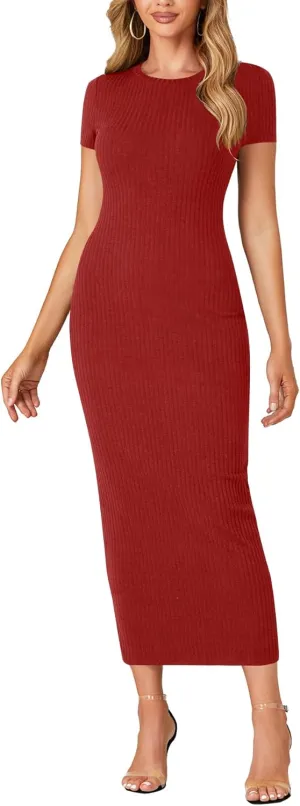 Umenlele Women’s Casual Short Sleeve Ribbed Knit Bodycon Fitted Pencil Long Maxi Dress