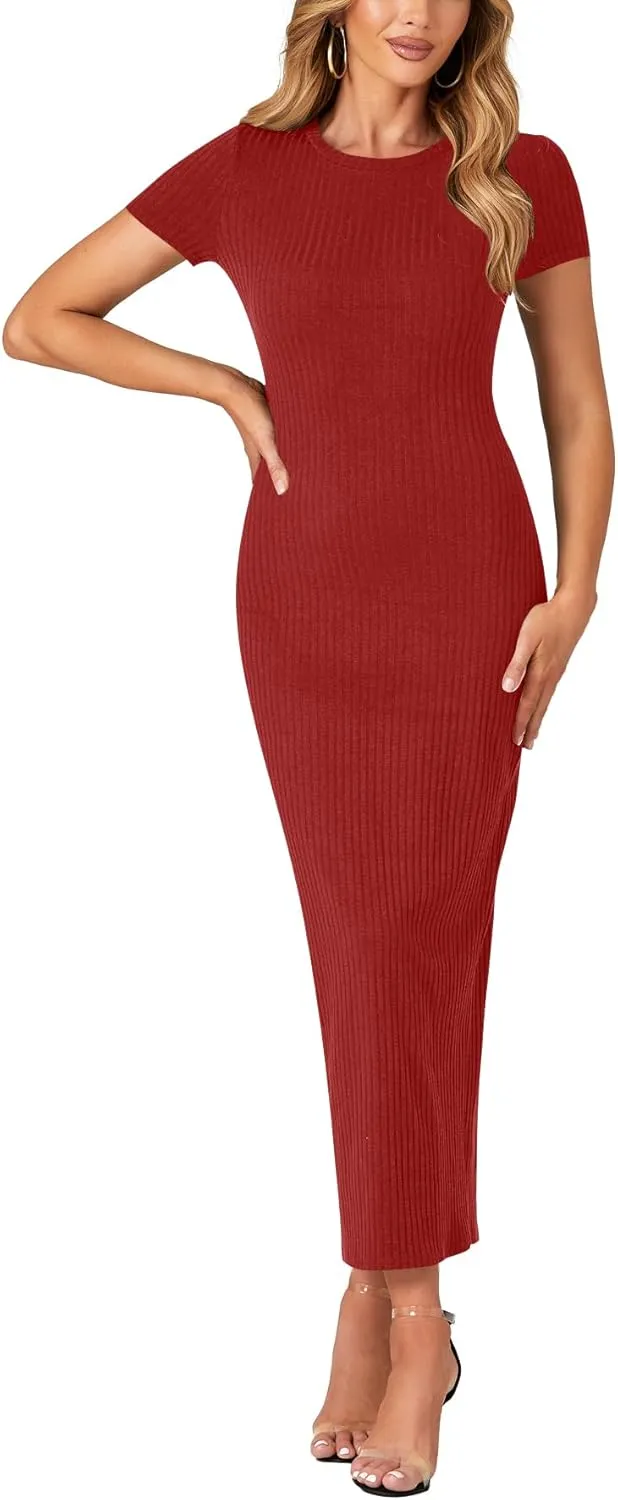 Umenlele Women’s Casual Short Sleeve Ribbed Knit Bodycon Fitted Pencil Long Maxi Dress
