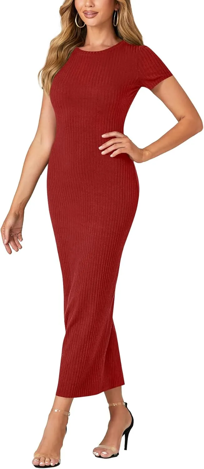 Umenlele Women’s Casual Short Sleeve Ribbed Knit Bodycon Fitted Pencil Long Maxi Dress