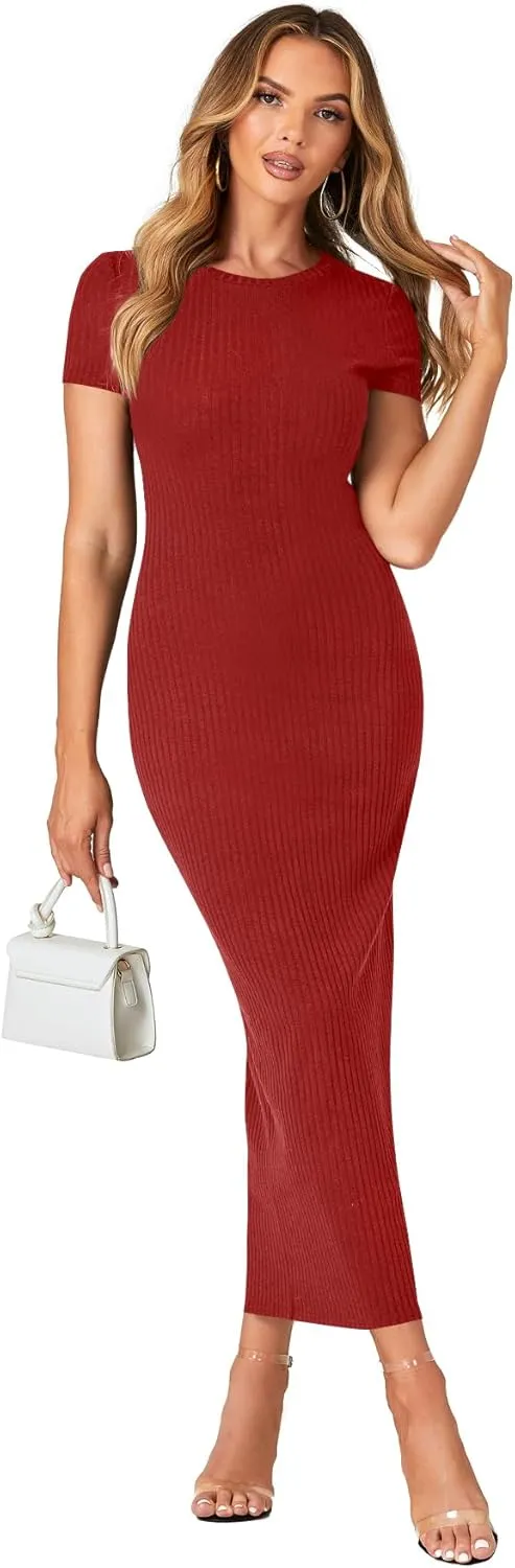 Umenlele Women’s Casual Short Sleeve Ribbed Knit Bodycon Fitted Pencil Long Maxi Dress