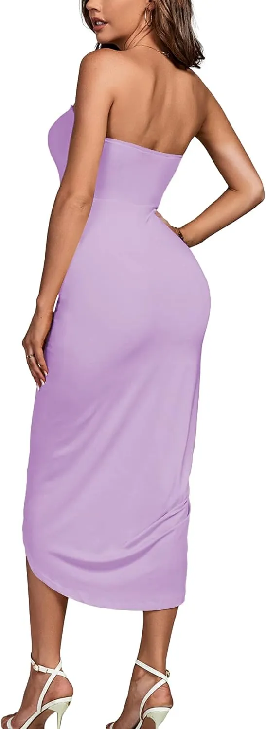 Umenlele Women's Strapless Ruched High Waist Wrap Split Asymmetrical Beach Maxi Long Dress