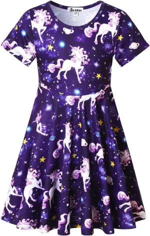 Unicorn Dresses for Girls Summer Swing Short Sleeve Casual Clothes for Kids