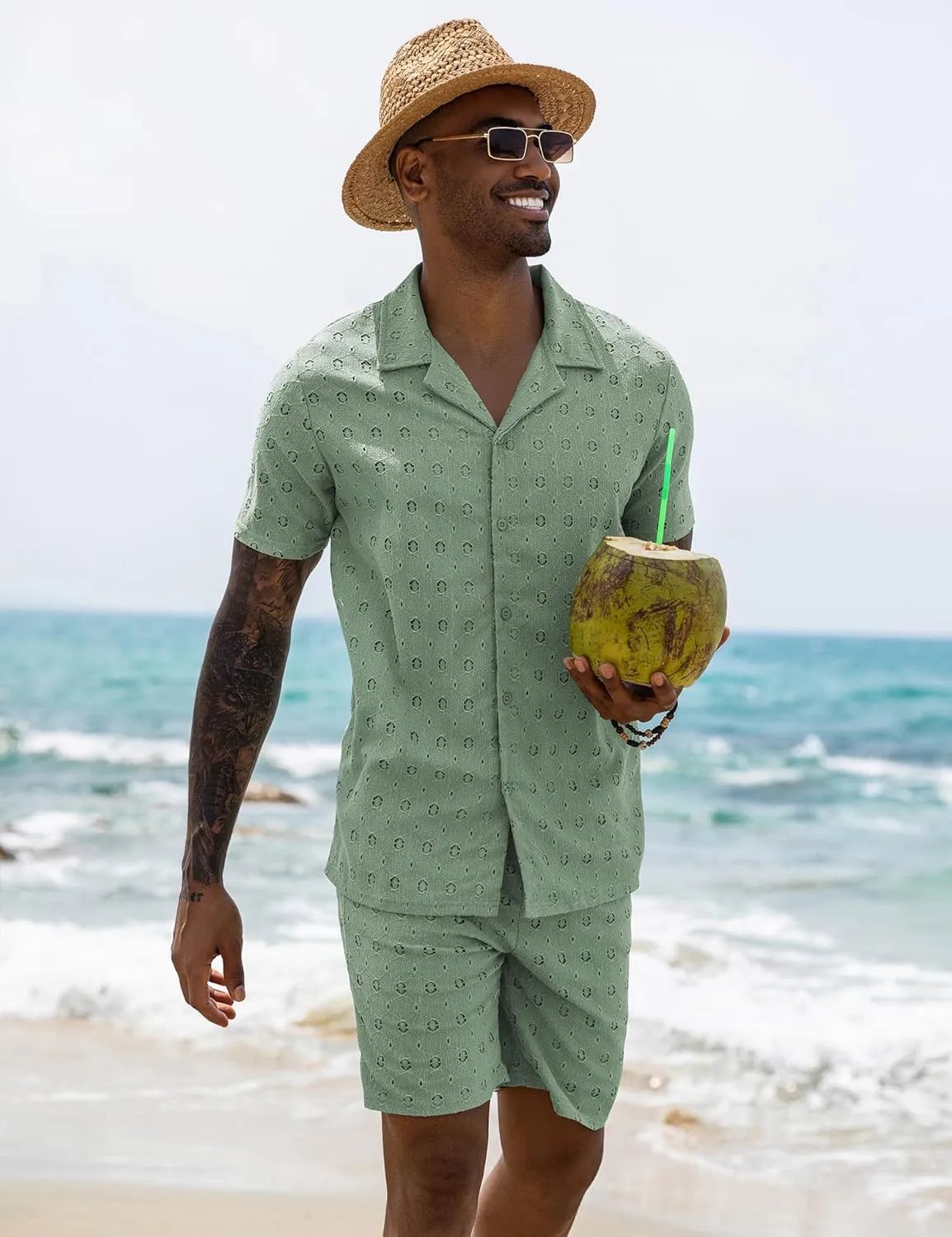 URRU Men's 2 Pieces Outfits Summer Beach Set See Through Sheer Short Sleeve Flower Lace Shirts and Shorts Sets