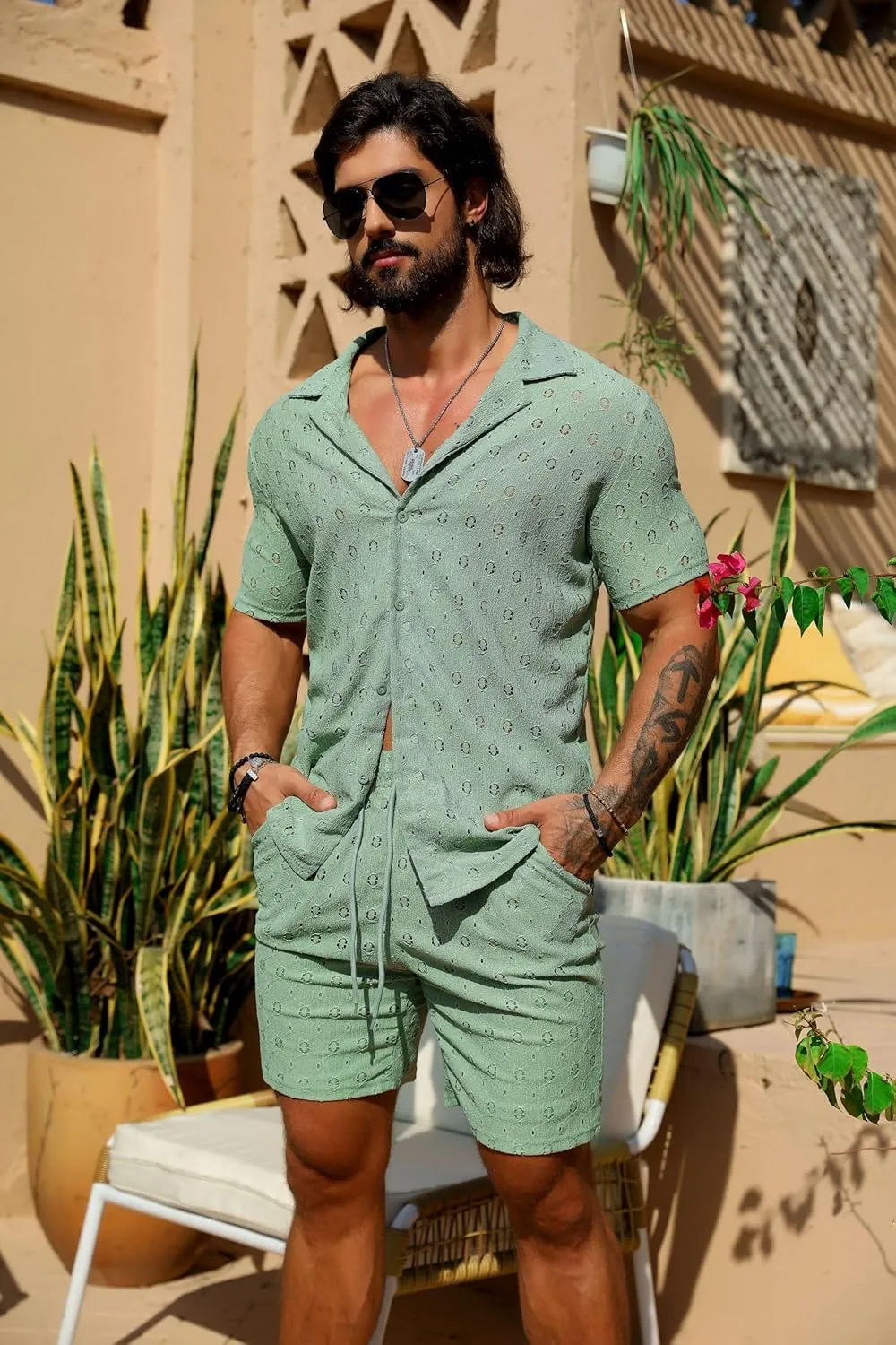 URRU Men's 2 Pieces Outfits Summer Beach Set See Through Sheer Short Sleeve Flower Lace Shirts and Shorts Sets