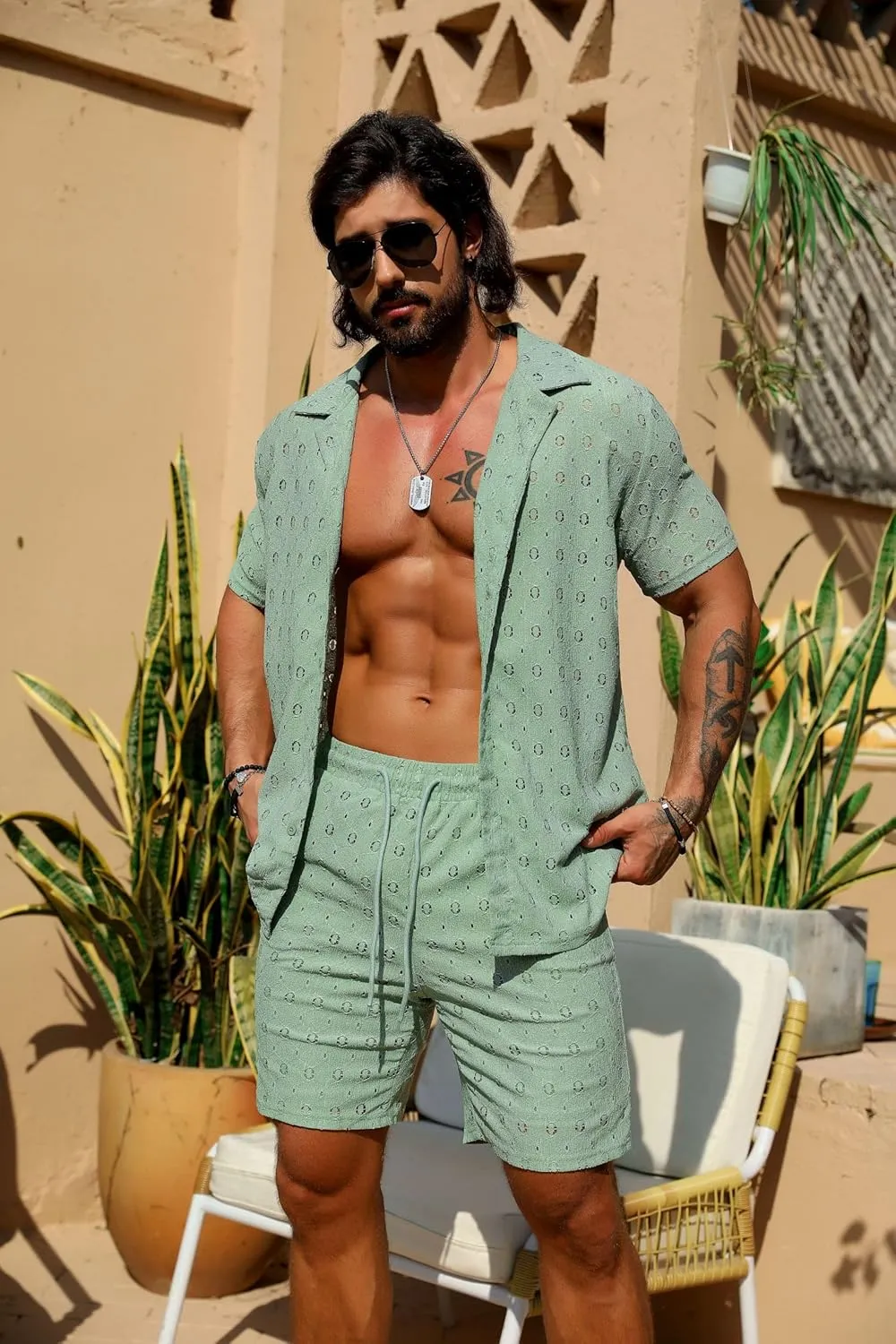 URRU Men's 2 Pieces Outfits Summer Beach Set See Through Sheer Short Sleeve Flower Lace Shirts and Shorts Sets