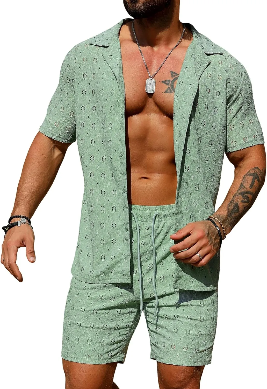 URRU Men's 2 Pieces Outfits Summer Beach Set See Through Sheer Short Sleeve Flower Lace Shirts and Shorts Sets