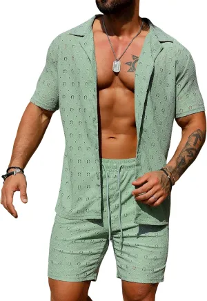 URRU Men's 2 Pieces Outfits Summer Beach Set See Through Sheer Short Sleeve Flower Lace Shirts and Shorts Sets