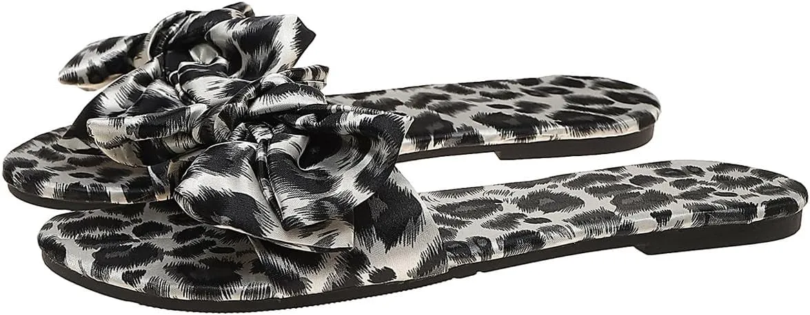 Verdusa Women's Leopard Print Sandals Bow Front Open Toe Slip on Flat Sandals