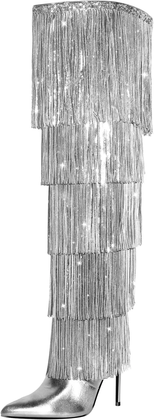 VERISSON Point Toe High Heeled Rinestones Tassels Boots with Multi-fringe
