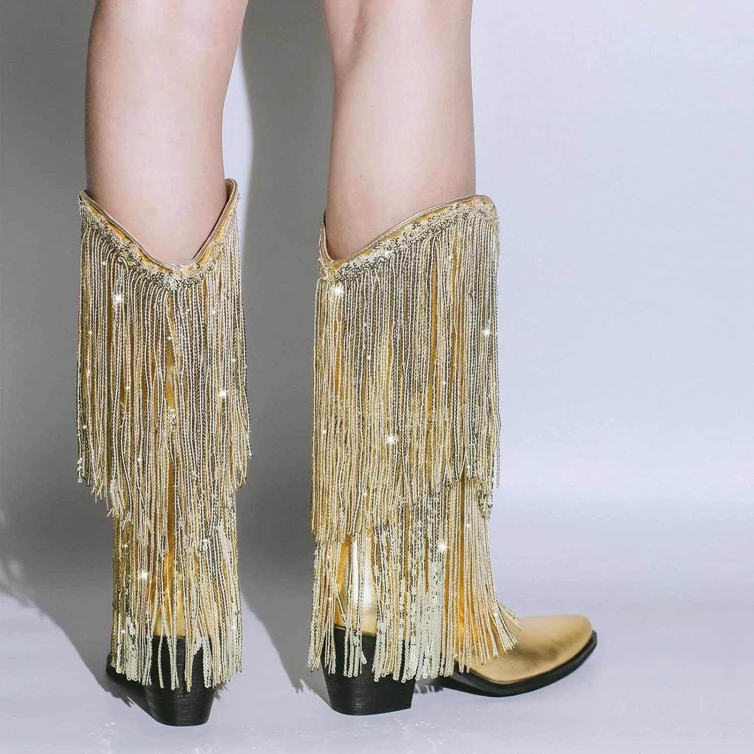 VERISSON Point Toe High Heeled Rinestones Tassels Boots with Multi-fringe