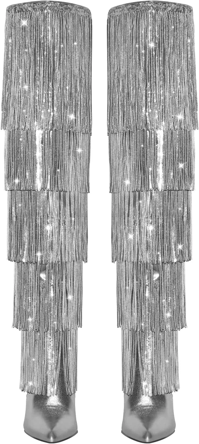VERISSON Point Toe High Heeled Rinestones Tassels Boots with Multi-fringe