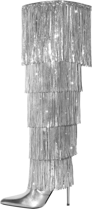 VERISSON Point Toe High Heeled Rinestones Tassels Boots with Multi-fringe