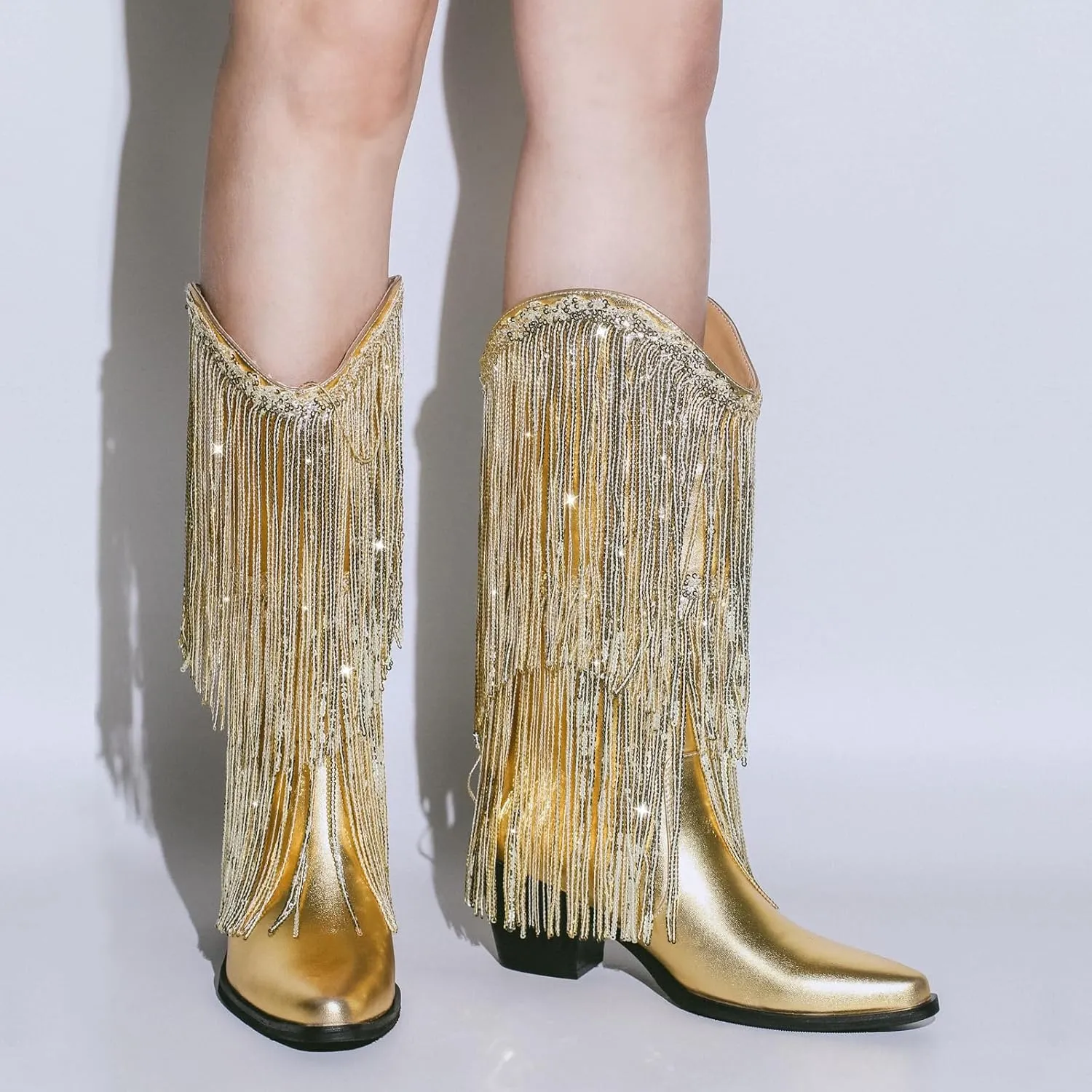 VERISSON Point Toe High Heeled Rinestones Tassels Boots with Multi-fringe