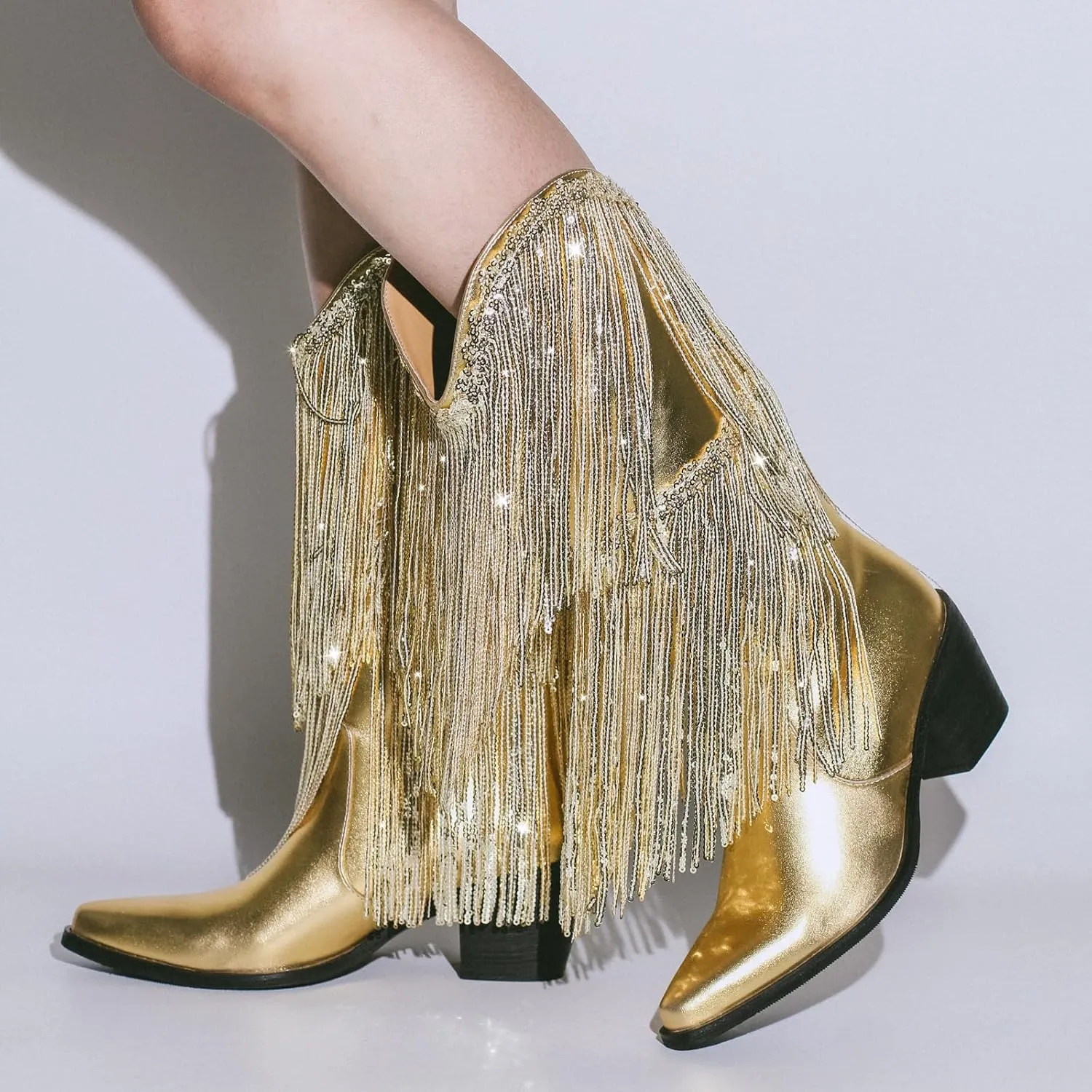 VERISSON Point Toe High Heeled Rinestones Tassels Boots with Multi-fringe