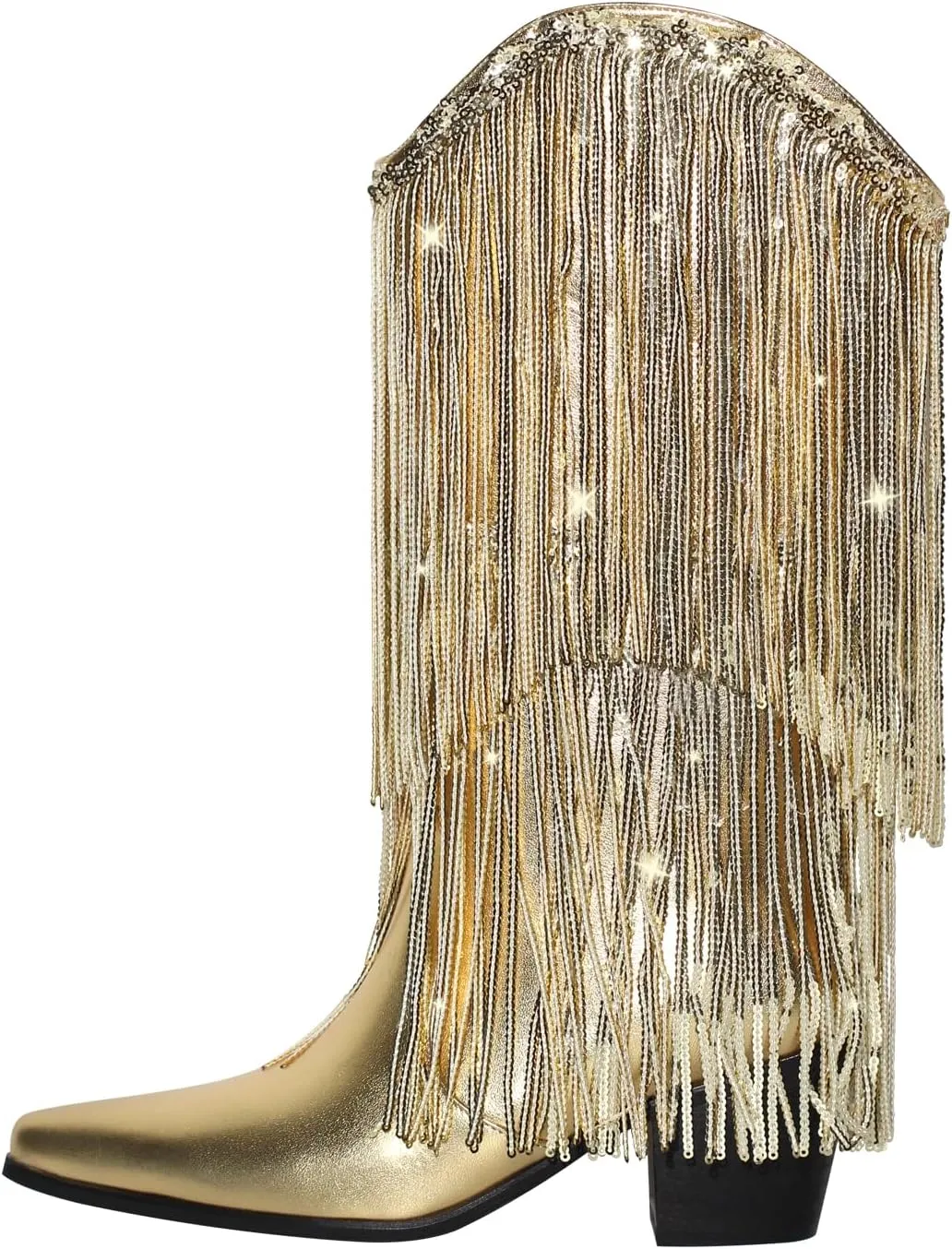 VERISSON Point Toe High Heeled Rinestones Tassels Boots with Multi-fringe