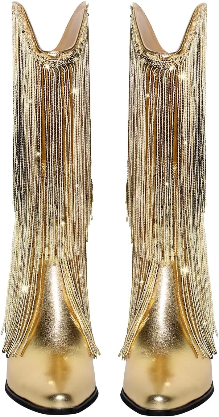 VERISSON Point Toe High Heeled Rinestones Tassels Boots with Multi-fringe
