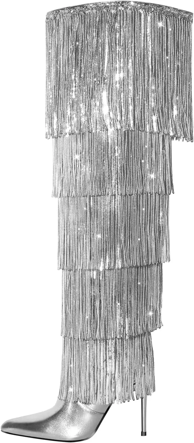 VERISSON Point Toe High Heeled Rinestones Tassels Boots with Multi-fringe
