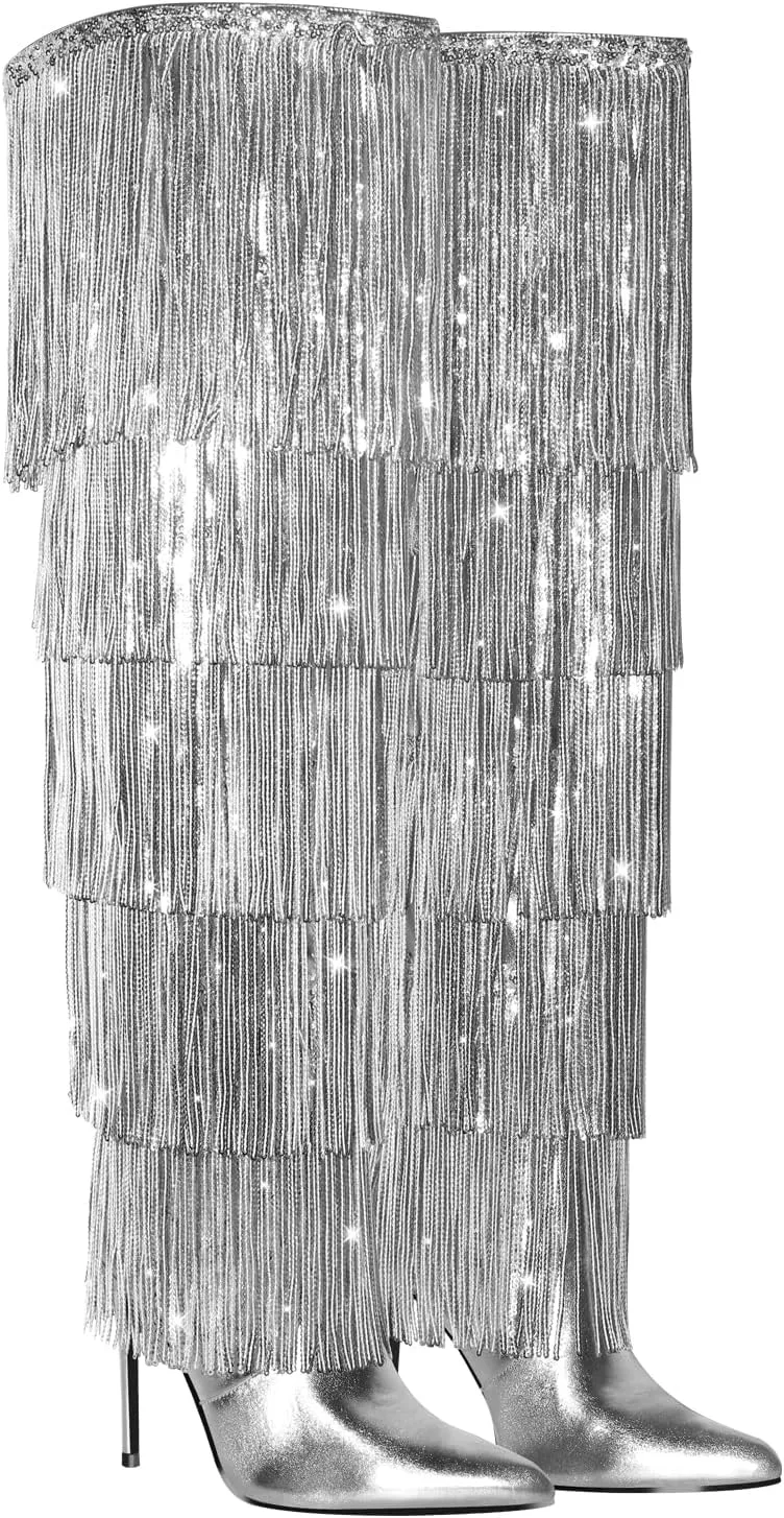 VERISSON Point Toe High Heeled Rinestones Tassels Boots with Multi-fringe