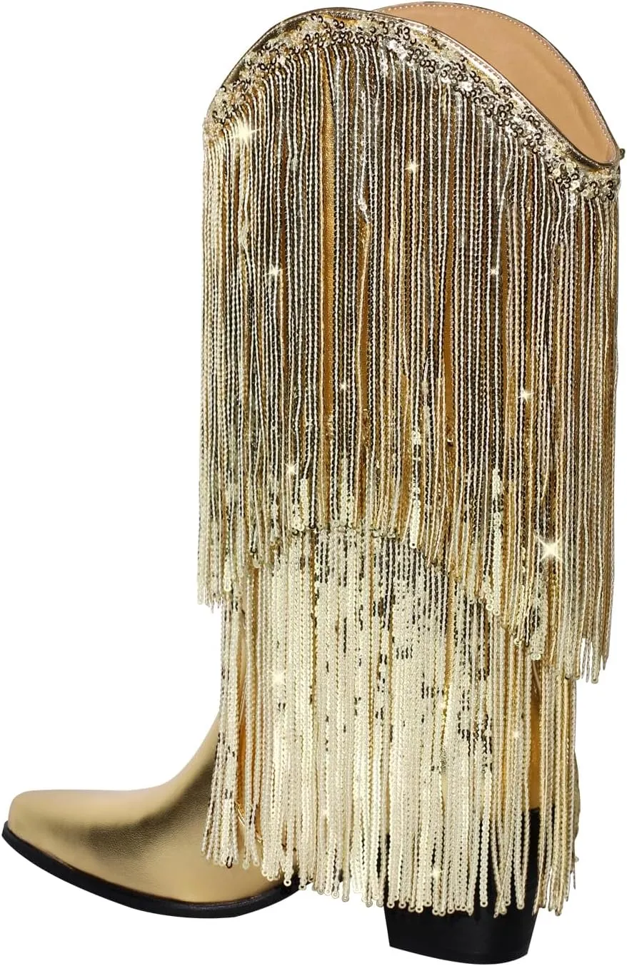 VERISSON Point Toe High Heeled Rinestones Tassels Boots with Multi-fringe