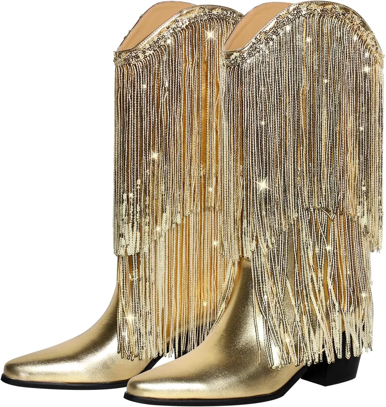 VERISSON Point Toe High Heeled Rinestones Tassels Boots with Multi-fringe