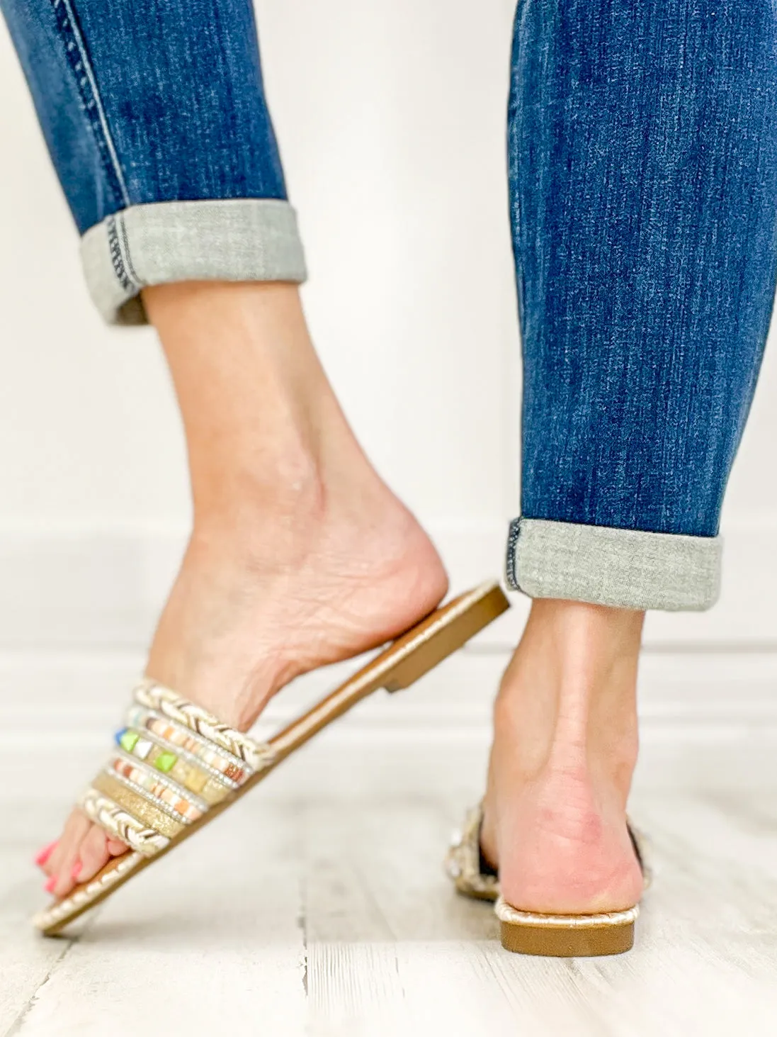 Vintage Bohemia Beach Flat Sandals in Gold Multi Metallic