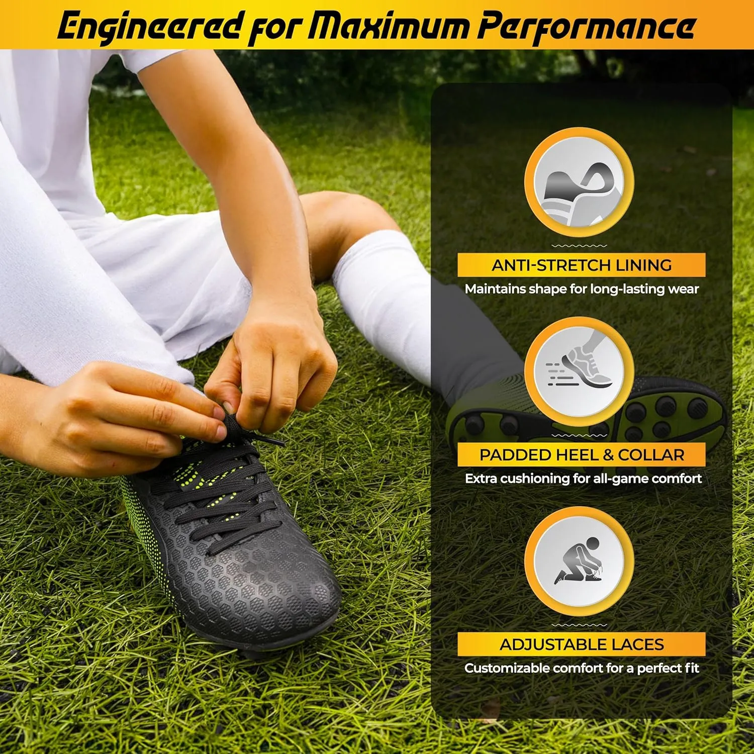 Vizari Stealth Firm Ground Soccer Cleats - Lightweight, Durable & Comfortable Youth Soccer Cleats with Excellent Traction - Boys Soccer Shoes with Padded Heel & Anti-Stretch Lining