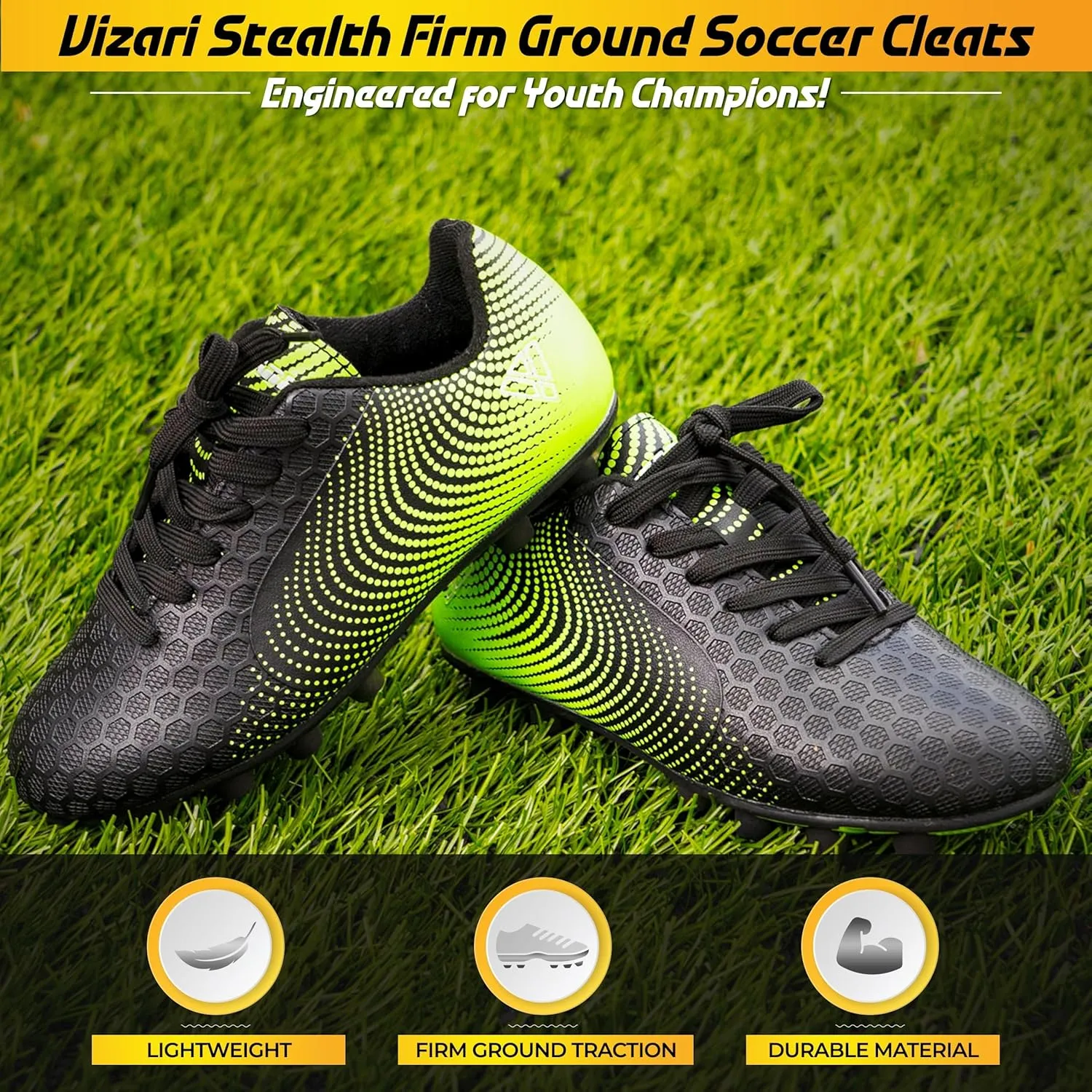Vizari Stealth Firm Ground Soccer Cleats - Lightweight, Durable & Comfortable Youth Soccer Cleats with Excellent Traction - Boys Soccer Shoes with Padded Heel & Anti-Stretch Lining