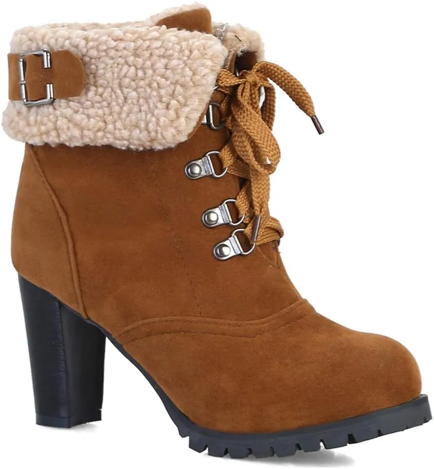 VOKLIN Women's Winter Fur Ankle Boots Lace Up Round Toe Chunky Block High Heel Warm Cuff Dressy Short Booties
