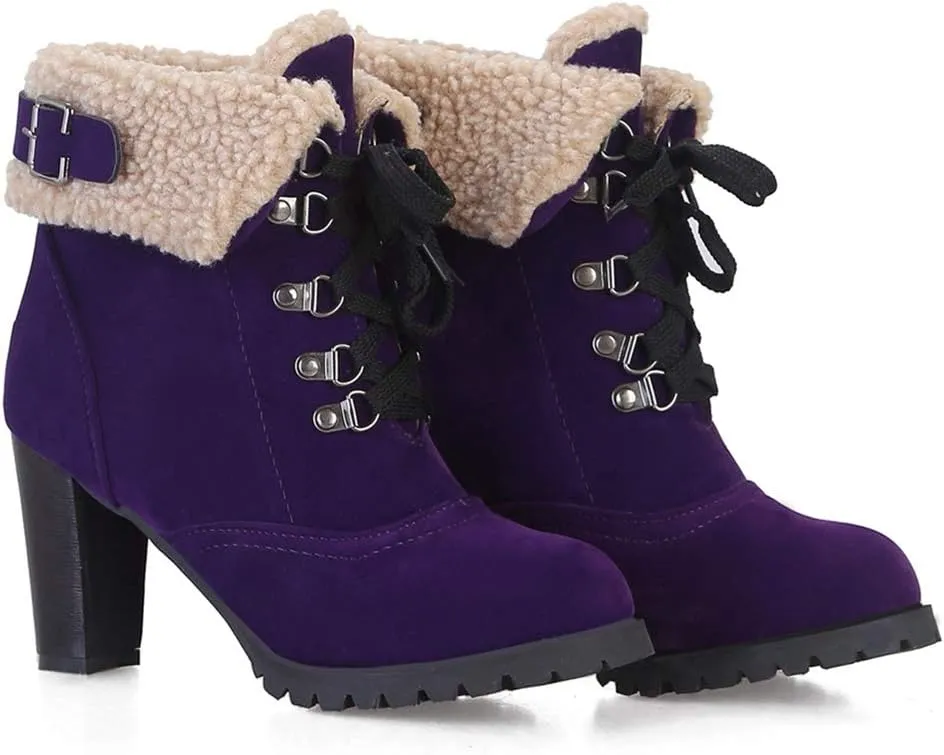 VOKLIN Women's Winter Fur Ankle Boots Lace Up Round Toe Chunky Block High Heel Warm Cuff Dressy Short Booties