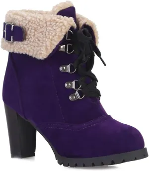 VOKLIN Women's Winter Fur Ankle Boots Lace Up Round Toe Chunky Block High Heel Warm Cuff Dressy Short Booties