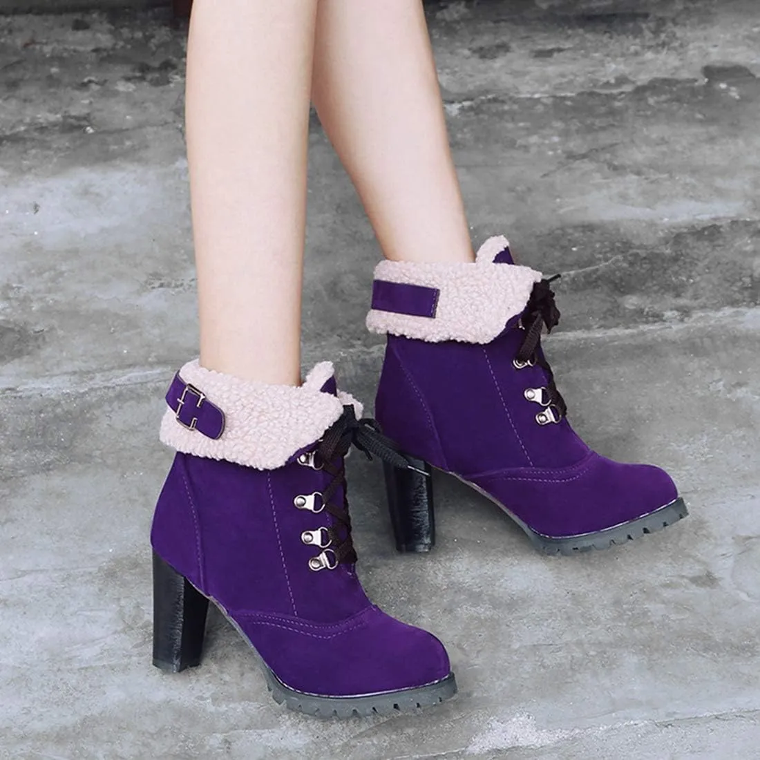 VOKLIN Women's Winter Fur Ankle Boots Lace Up Round Toe Chunky Block High Heel Warm Cuff Dressy Short Booties