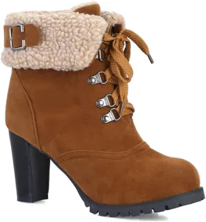VOKLIN Women's Winter Fur Ankle Boots Lace Up Round Toe Chunky Block High Heel Warm Cuff Dressy Short Booties