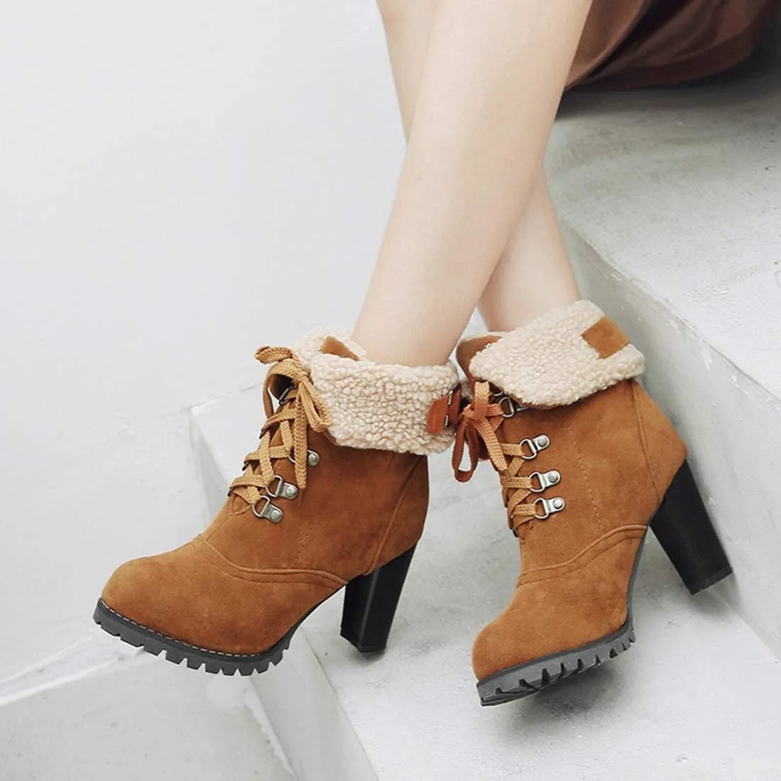 VOKLIN Women's Winter Fur Ankle Boots Lace Up Round Toe Chunky Block High Heel Warm Cuff Dressy Short Booties