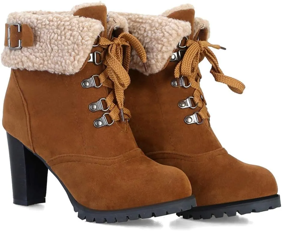 VOKLIN Women's Winter Fur Ankle Boots Lace Up Round Toe Chunky Block High Heel Warm Cuff Dressy Short Booties