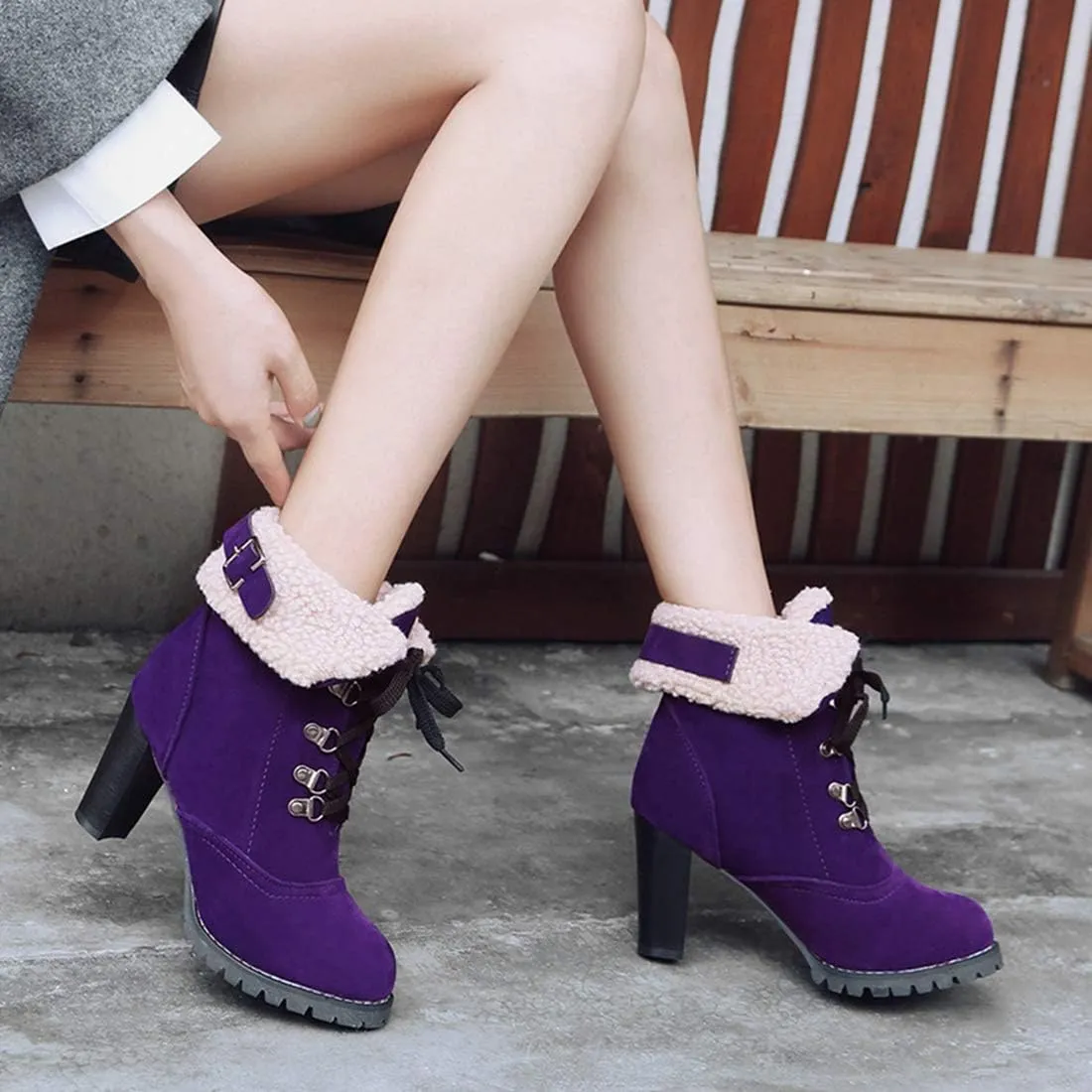 VOKLIN Women's Winter Fur Ankle Boots Lace Up Round Toe Chunky Block High Heel Warm Cuff Dressy Short Booties