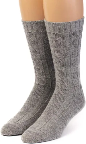 WARRIOR ALPACA SOCKS - Women's Cable Knit Socks, Crew, Dye-Free Gray Alpaca Wool, “Cable Sweater” Textured