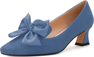 WAYDERNS Womens Bow Solid Bridal Suede Square Toe Slip On Fashion Kitten Low Heel Pumps Shoes 2 Inch