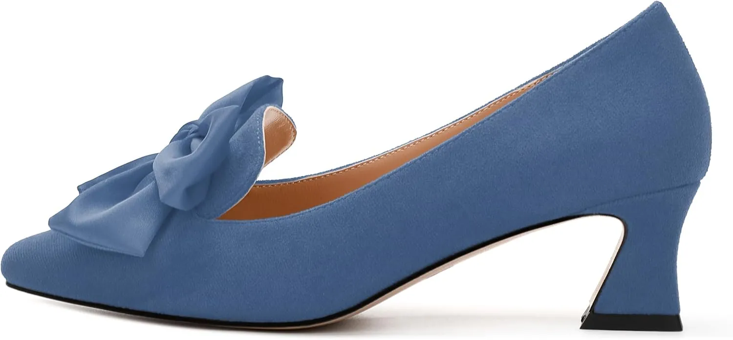 WAYDERNS Womens Bow Solid Bridal Suede Square Toe Slip On Fashion Kitten Low Heel Pumps Shoes 2 Inch