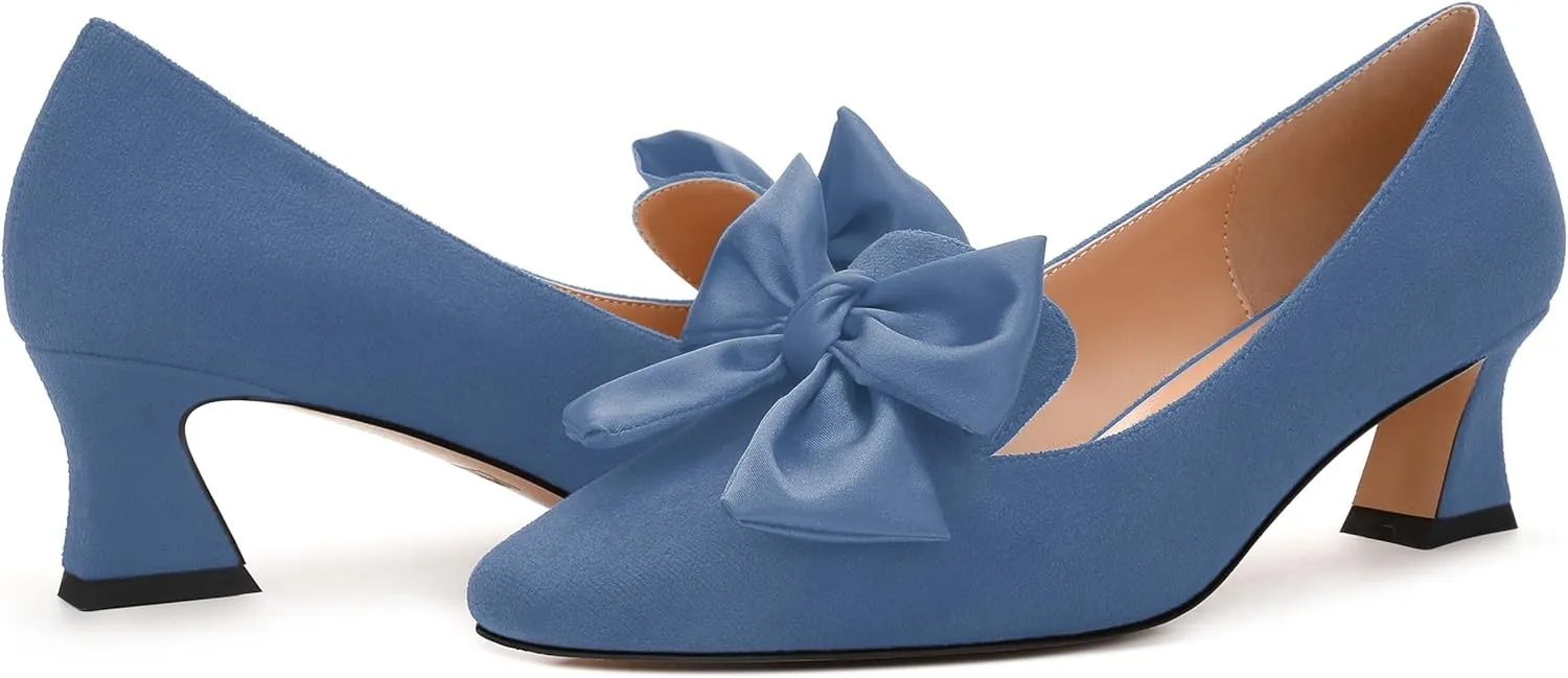 WAYDERNS Womens Bow Solid Bridal Suede Square Toe Slip On Fashion Kitten Low Heel Pumps Shoes 2 Inch