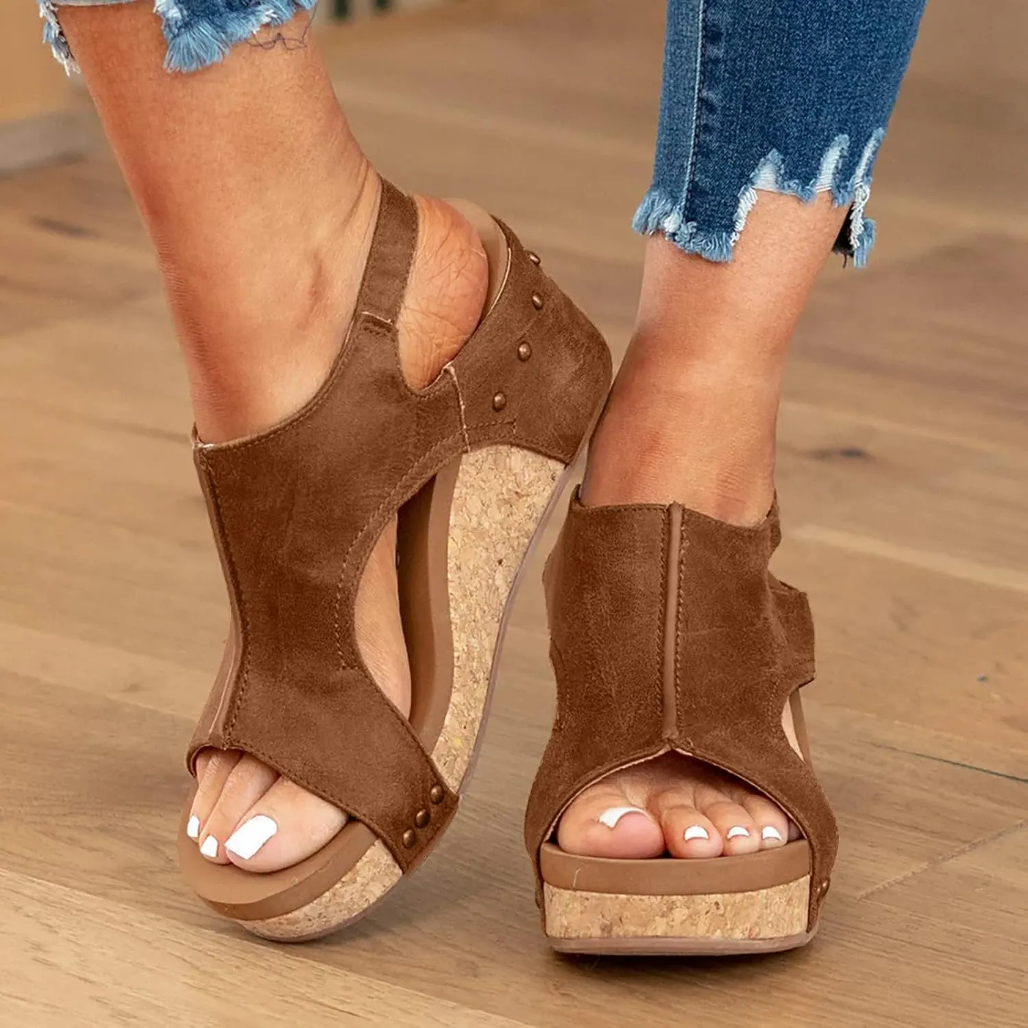 Wedge Sandals for Women Dressy Summer, Womens Open Toe Espadrilles Platform Sandals Buckle Ankle Strap Wedge Sandals Leather Sandals Casual Low Wedges Walking Strappy Slip on Sandals (A-Brown, 8)