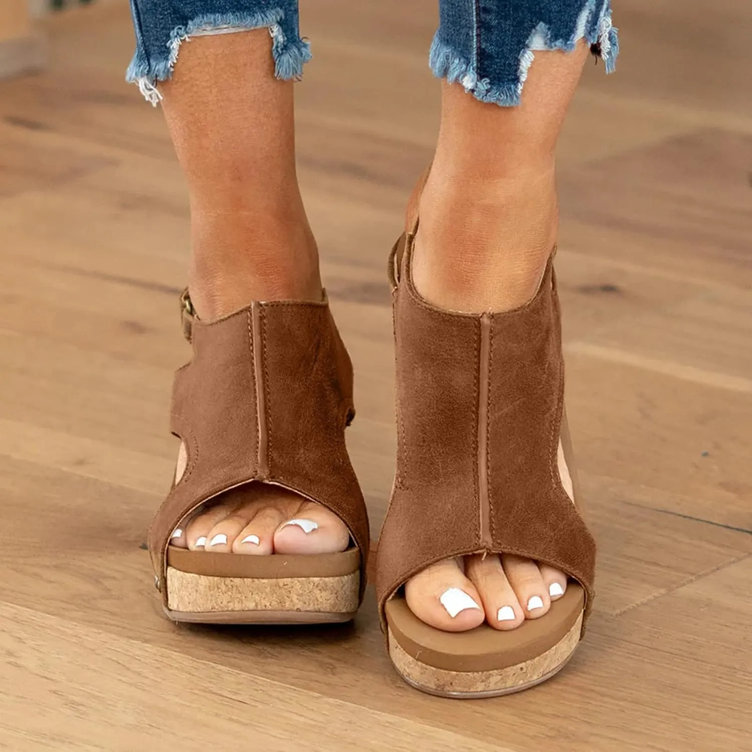 Wedge Sandals for Women Dressy Summer, Womens Open Toe Espadrilles Platform Sandals Buckle Ankle Strap Wedge Sandals Leather Sandals Casual Low Wedges Walking Strappy Slip on Sandals (A-Brown, 8)