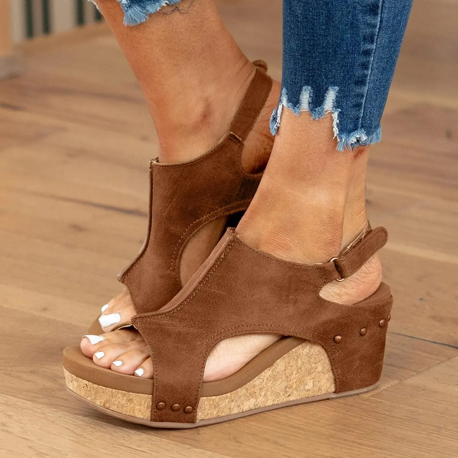Wedge Sandals for Women Dressy Summer, Womens Open Toe Espadrilles Platform Sandals Buckle Ankle Strap Wedge Sandals Leather Sandals Casual Low Wedges Walking Strappy Slip on Sandals (A-Brown, 8)