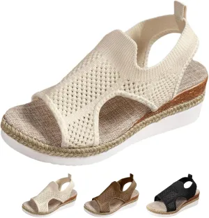 Wedge Sandals for Women Summer Orthopedic Sandals Fish Mouth Knit Mesh Open Toe Sandal, Ankle Strap Slip On Platform Shoes Casual Comfortable Platform Loafers