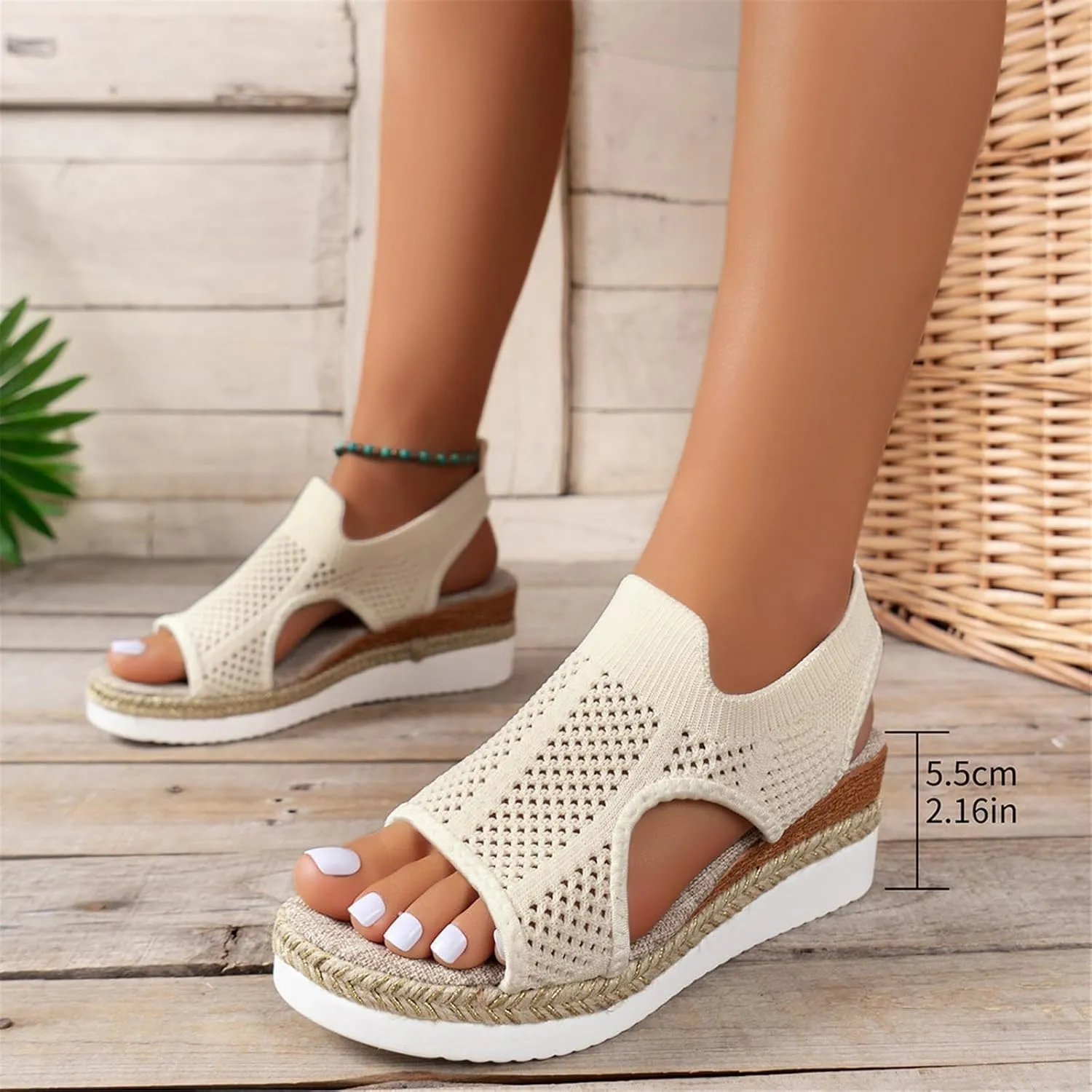 Wedge Sandals for Women Summer Orthopedic Sandals Fish Mouth Knit Mesh Open Toe Sandal, Ankle Strap Slip On Platform Shoes Casual Comfortable Platform Loafers