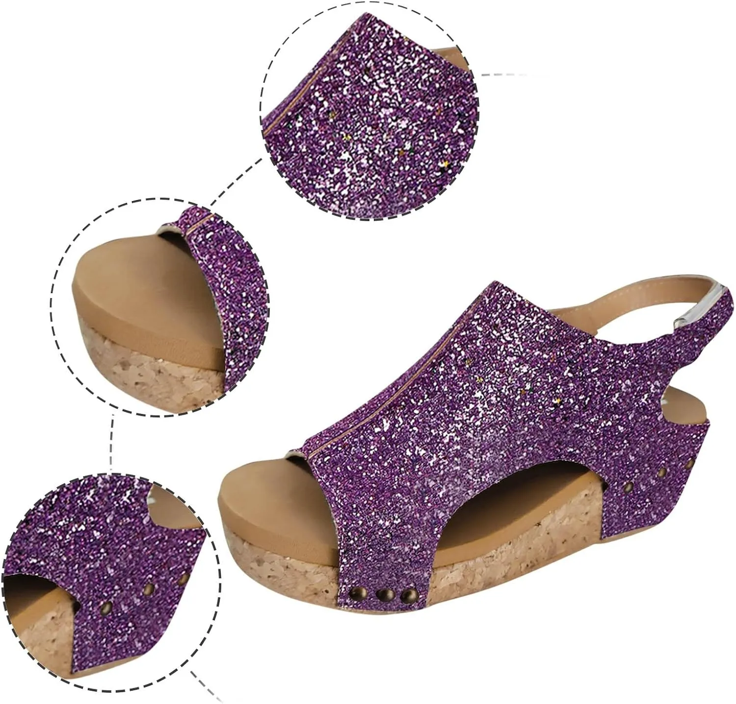 Wedges Heels for Women Dressy, Women's Cork Platform Wedge Sandals Glitter Low Heel Open Toe Ankle Strap Comfortable Orthopedic Wedges Ladies Casual Summer Shoes (c-Purple, 9)